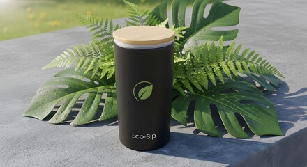 mockup of an insulated tumbler on a stone surface, green leaves arranged aesthetically