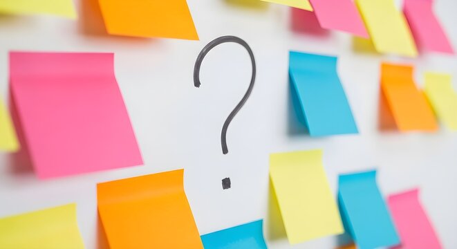 Confusion of a Question Mark with Colorful Sticky Notes Arranged on a White Background