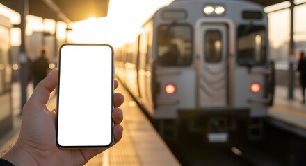 smartphone mockup held by a hand with a blurred train arriving in the background,