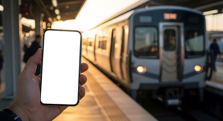 smartphone mockup held by a hand with a blurred train arriving in the background,