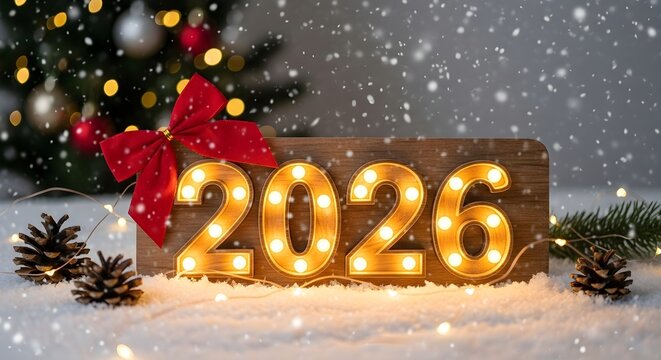 Festive 2026 New Year Celebration with Lighted Numbers and Christmas Tree Backdrop
