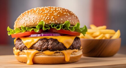 Delicious cheeseburger with melted cheese, lettuce, tomatoes, and red onion served with fries