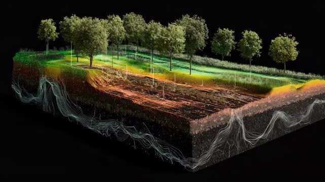 Digital twin technology visualizes soil structure with intricate 3D models enabling detailed simulation of soil layers and composition for advanced environmental analysis.