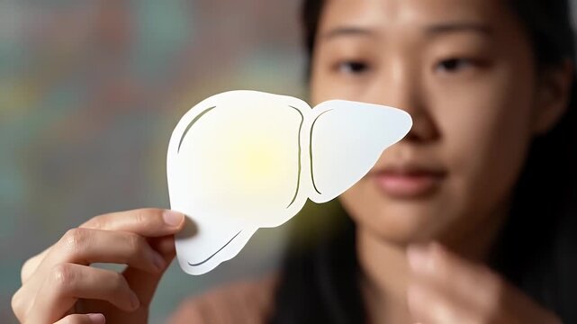 World Hepatitis Day Woman Holding Liver Cutout Demonstrating Human Organ Health Education in Indoor Medical Environment Close-up View - Powered by Adobe