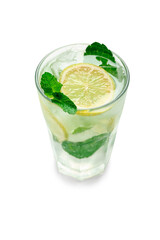 Glass of tasty mojito on white background