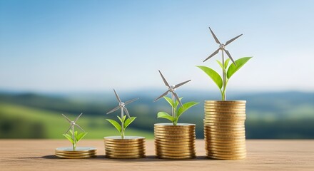 Sustainable Investment Wind Turbines & Plant Growth on Stacked Coins Showing Returns