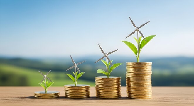 Sustainable Investment Wind Turbines & Plant Growth on Stacked Coins Showing Returns