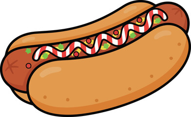 Classic Cartoon Hot Dog Illustration with Ketchup, Mustard, and Relish. A fun and simple vector graphic of American fast food on a white background