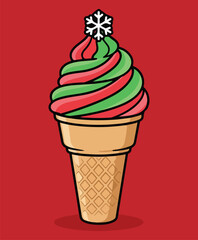 Festive Christmas Ice Cream Cone with Snowflake Topper, a Winter Holiday Dessert or Sweet Treat Illustration