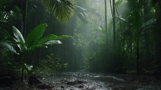 Heavy tropical rain falling through dense kelapa sawit forest