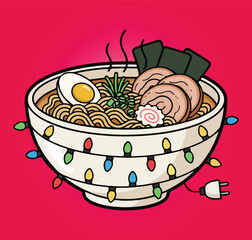 Festive Ramen Bowl Illustration with Holiday Lights, a vibrant cartoon depicting steaming noodle soup with egg, pork, and seaweed in a Christmas-decorated bowl, blending comfort food and seasonal chee