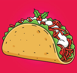 Festive Christmas Taco Illustration with Holly, a Fun Holiday Mexican Food Cartoon or Vector Isolated on White