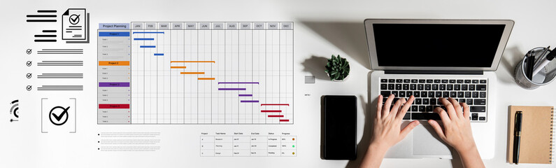 A project management dashboard for business. The interface features a Gantt chart to visualize the...