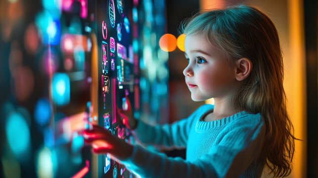 A young child interacting with an interactive touchscreen device, learning through an augmented reality educational app, surrounded by colorful digital interfaces