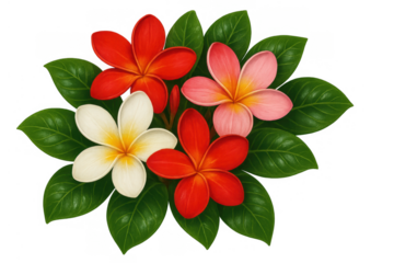 Bright plumeria and frangipani flowers arranged with green tropical leaves. The illustration has a transparent background