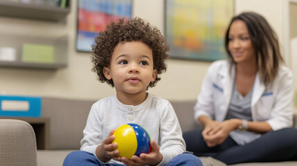 A young child sitting on a comfortable couch in a therapy room, using a stress ball, while a compassionate therapist sits nearby, offering gentle encouragement