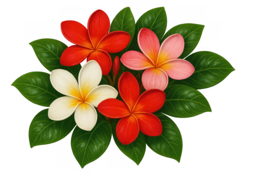 Bright plumeria and frangipani flowers arranged with green tropical leaves. The illustration has a transparent background
