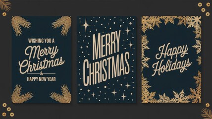 Elegant gold holiday greeting cards featuring festive Merry Christmas and Happy New Year messages with elegant snowflake and pine accents