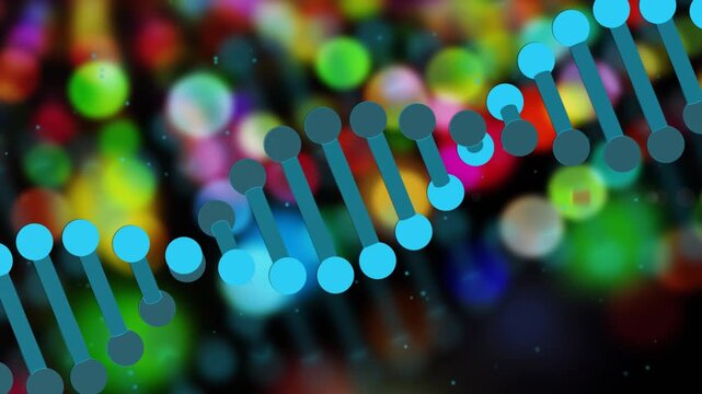 On play, animated double-helix emerging from lower left, growing and rotating to form center focus