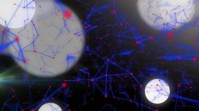 White discs entering from left or top starting blue network shifting, pulsing red nodes, forming dep