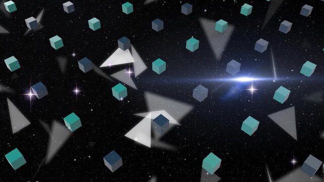 Camera pushing forward, teal cubes drifting and gray triangles entering, rotating, creating depth