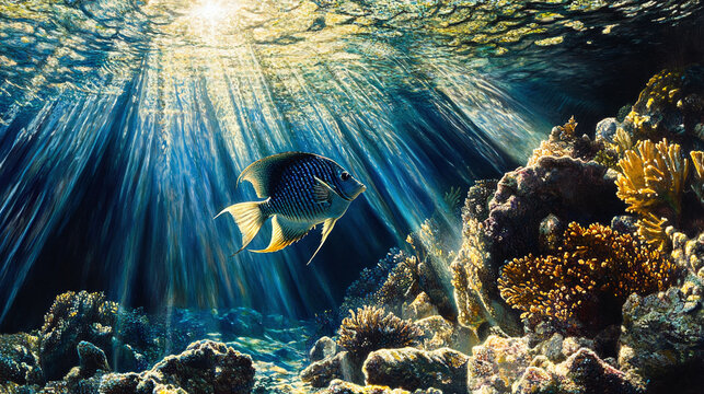 An angelfish emerging from behind a large coral rock, with its delicate fins creating ripples in the water, as rays of sunlight beam down through the surface
