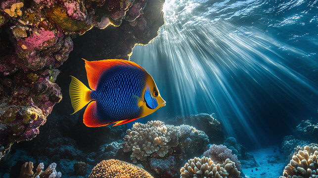 An angelfish emerging from behind a large coral rock, with its delicate fins creating ripples in the water, as rays of sunlight beam down through the surface