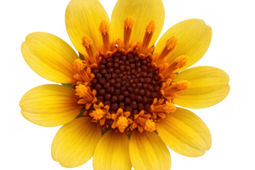 Yellow flower macro close-up with brown center and bright petals against a transparent background