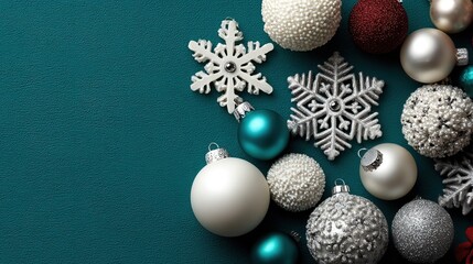 Blue-hue Xmas snowscape: white snow + gold ornaments, 70% left copy-space—e-commerce holiday hero, New Year banner, social greeting, mobile wallpaper
