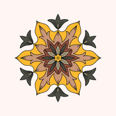 Hand-drawn geometric floral mandala with yellow, brown, and black accents, symmetrical abstract pattern