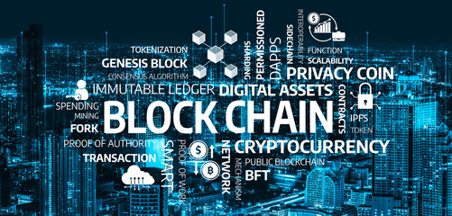 A striking urban night scene features significant blockchain technology and cryptocurrency terms, illustrating modern financial innovation and the future of digital assets. Tessel