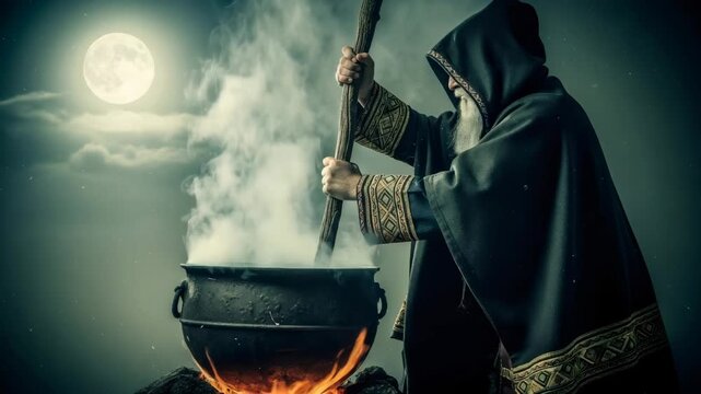 Man in wizard robe stirring smoking cauldron under full moon. Yule pagan holiday ritual for magic or potion making.