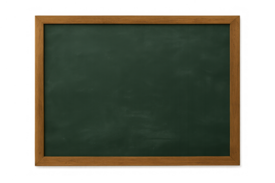 Empty green chalk board with wooden frame, transparent background, clean classroom writing surface for education concept