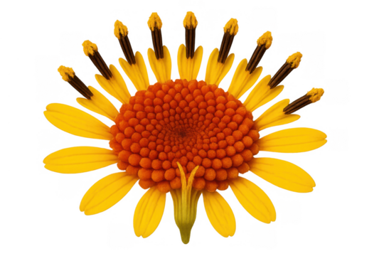 Yellow and orange composite flower with an inverted arrangement of petals and prominent stamens on a transparent background