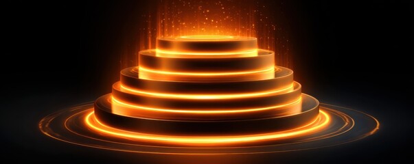 Concept of cryptocurrency stability. A glowing, layered circular structure emits warm orange light against a dark background, creating a sense of depth and energy.