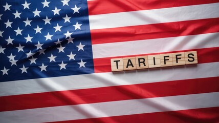 Wooden letter blocks spelling 'TARIFFS' placed on a rippling American flag creating impactful visual for economic discussions and trade policy analysis