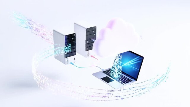 Conceptual image of cloud computing illustrating data flow with servers, laptop, and digital cloud