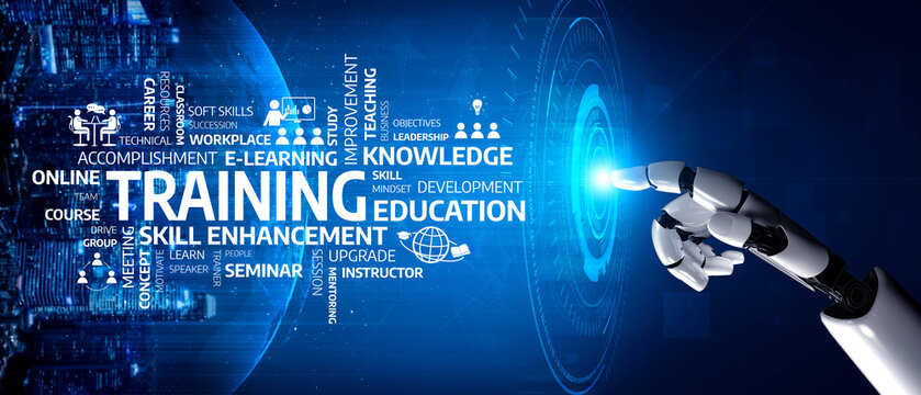 A robotic hand engages with digital elements representing training and education, emphasizing skill enhancement and e-learning in a modern workplace environment. Tessel