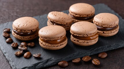 Fototapeta premium Coffee flavored macarons with chocolate on slate plate