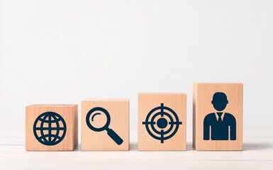 Conceptual wooden blocks depicting global search, target achievement, and human resources growth background.