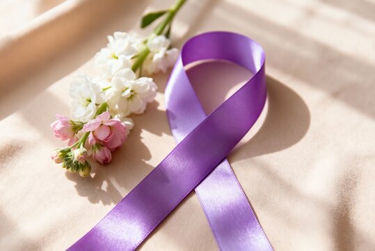 Purple ribbon with flowers on soft fabric, ideal for International Women’s Day visuals, equality campaigns, empowerment themes and spring celebration content.