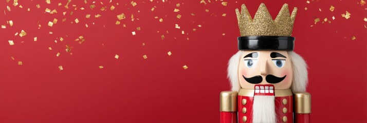 Festive christmas nutcracker toy soldier with golden crown on red background