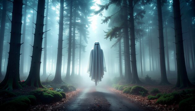 Krasue Ghost Floating in Misty Dark Forest