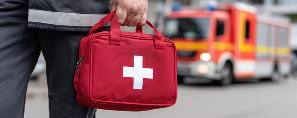Firefighter holding red first aid kit with white cross for emergency response preparedness