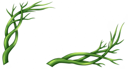Green vine elements with branches. Green intertwining vine branches forming corner and bottom elements isolated on transparent background