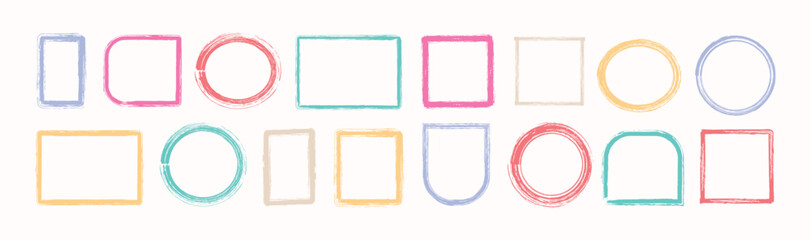 Set of Grunge color frame set. Box, square, rectangle, circle shape brush pen line stroke scribble element. Hand drawn simple oval, square frame for text border. Vector illustration