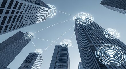 Dynamic city skyline with glowing digital network connections symbolizing smart urban connectivity and future technology.