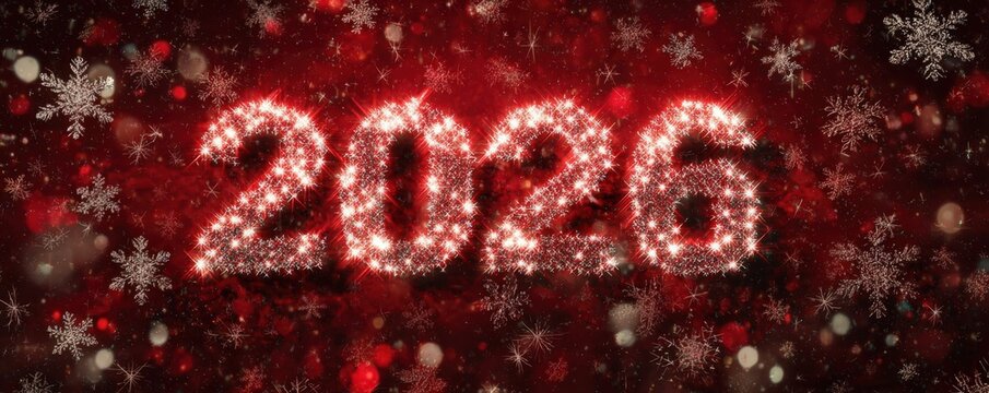 Festive new year design with glowing 2026 amidst red snowflakes and stars - Powered by Adobe
