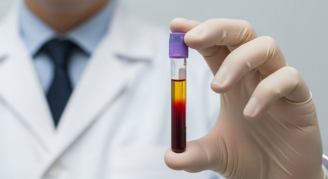 Professional scientist examines blood sample in sterile laboratory, showcasing medical research and diagnostic advancements for health discovery