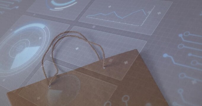 Projection activating over brown paper bag, tiles shifting, chart pulsing, illustrating retail tech